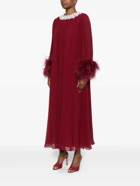 Self-Portrait feather-trimmed chiffon midi dress - Red