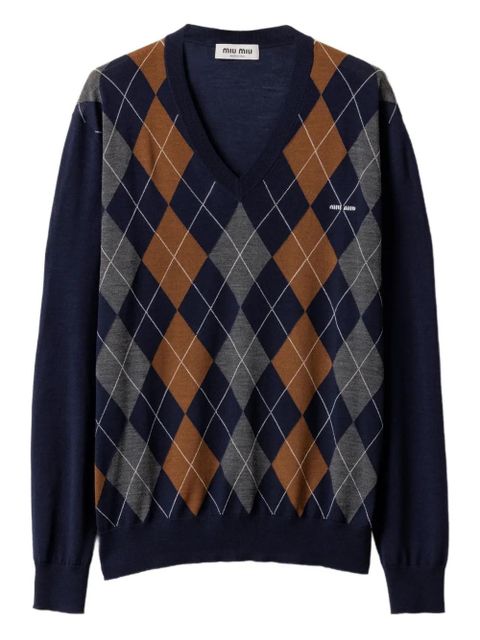 Miu Miu argyle V-neck wool sweater - Blue - zdjęcie produktu nr 1
