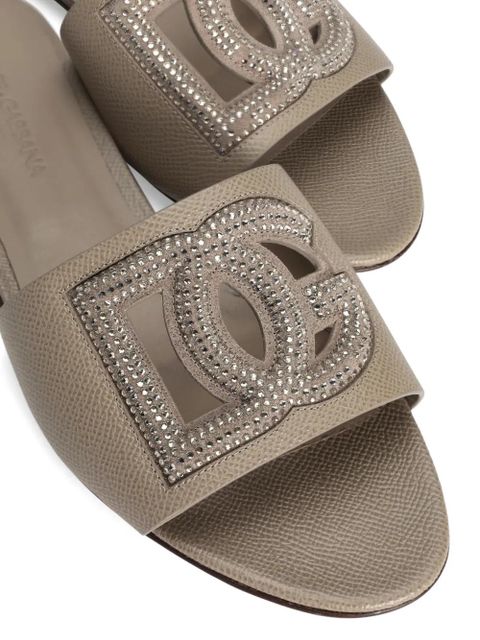 Dolce & Gabbana suede and Dauphine calfskin flat slippers with rhinestones - Brown