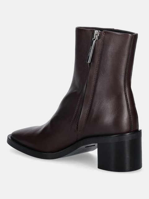 Calvin Klein botki skórzane BLOCK HEEL ZIP BOOT LTH damskie kolor brązowy na słupku HW0HW02593