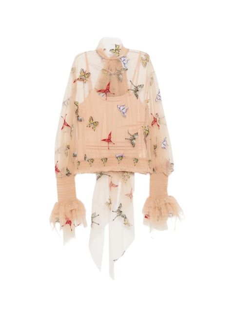 Blumarine butterfly-embroidered mesh blouse - Neutrals - zdjęcie produktu nr 1