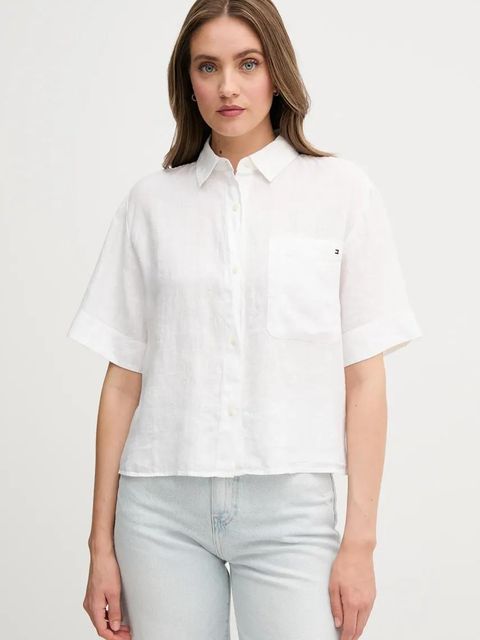 Tommy Hilfiger koszula lniana damska kolor beżowy relaxed z kołnierzykiem klasycznym WW0WW44720 - zdjęcie produktu nr 1