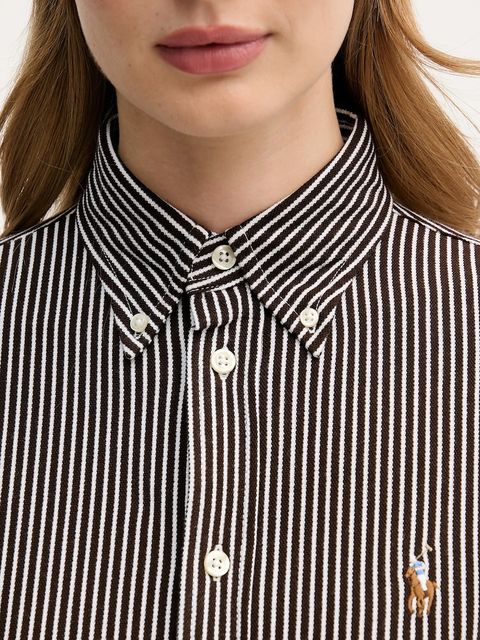 Polo Ralph Lauren koszula bawełniana damska kolor brązowy slim z kołnierzykiem klasycznym 211910131