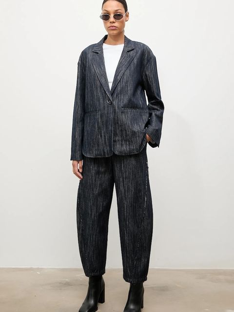 Answear.LAB marynarka jeansowa kolor granatowy jednorzędowa gładka