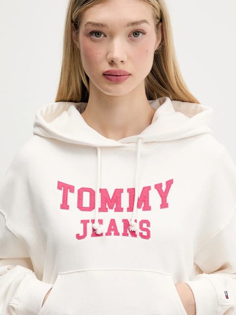 Tommy Jeans bluza bawełniana damska kolor beżowy z kapturem z aplikacją DW0DW21598