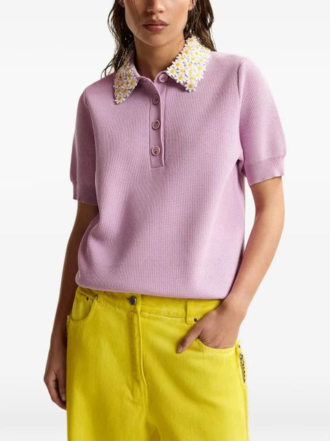 Essentiel Antwerp floral-embellished fine-knit polo top - Purple
