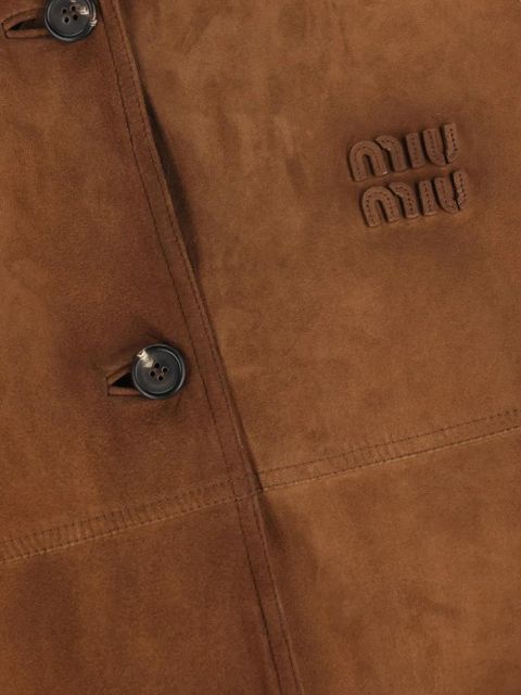Miu Miu logo-patch suede bomber jacket - Brown