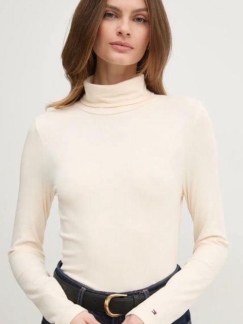 Tommy Hilfiger longsleeve damskie kolor beżowy z golfem WW0WW39826