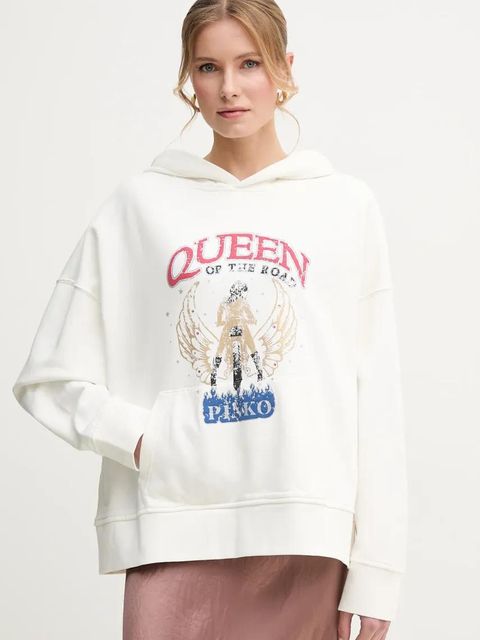 Pinko bluza bawełniana damska kolor biały z kapturem z nadrukiem 104623 A2DB