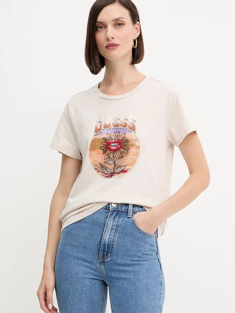 Guess t-shirt bawełniany damski kolor beżowy W5YI32 K9RM1 - zdjęcie produktu nr 1