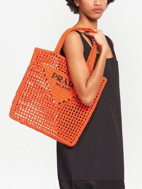 Prada triangle-logo crochet raffia tote bag - Orange