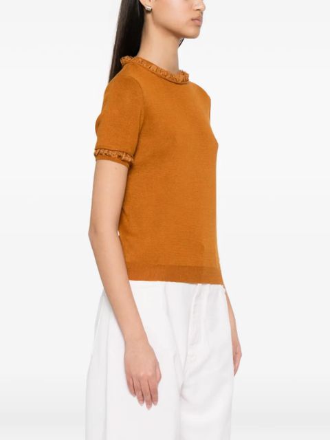 SHUSHU/TONG lace-trimmed short-sleeve sweater - Brown