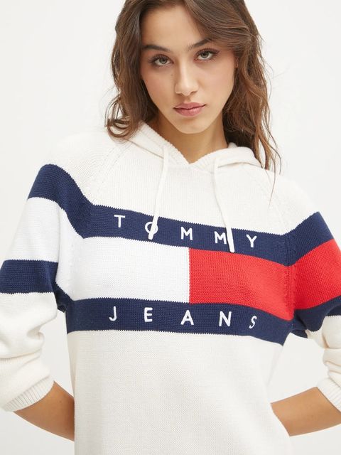 Tommy Jeans sukienka bawełniana kolor beżowy mini dopasowana DW0DW19470