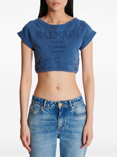 Balmain embroidered cropped T-shirt - Blue
