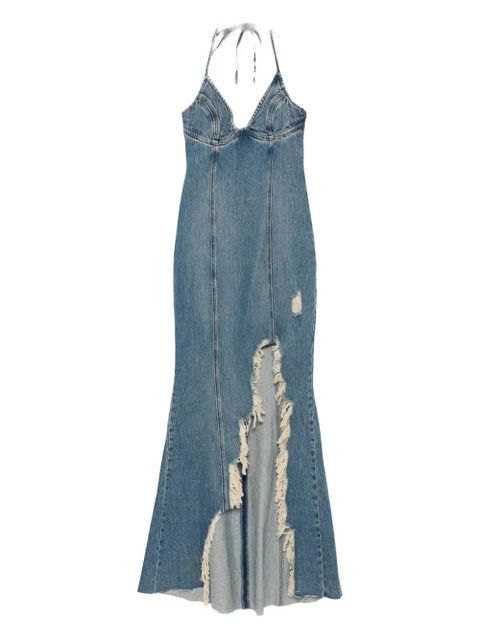 Blumarine halter-neck frayed-hem denim dress - Blue