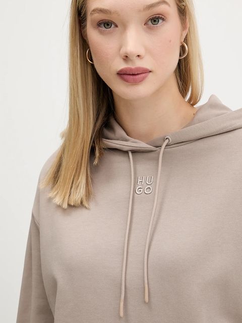 HUGO bluza bawełniana damska kolor beżowy z kapturem z aplikacją 50522423
