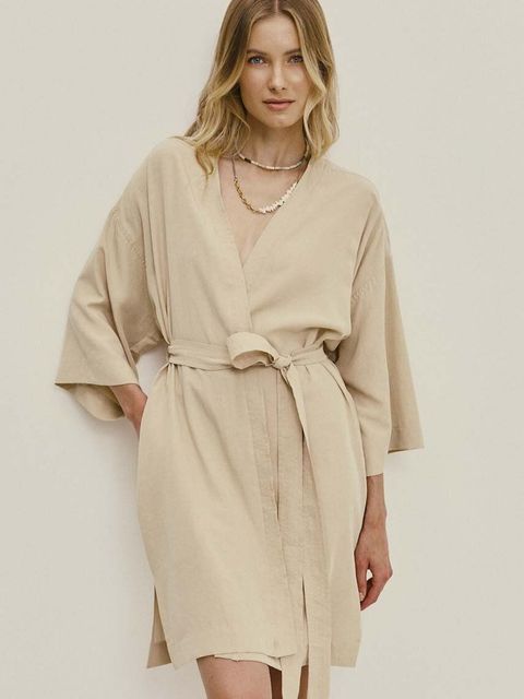 Answear.LAB sukienka z lnem kolor beżowy mini prosta