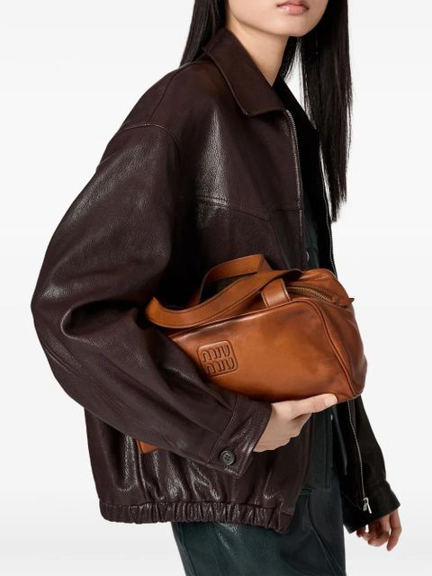 Miu Miu logo-relief regular-fit leather jacket - Brown - zdjęcie produktu nr 1