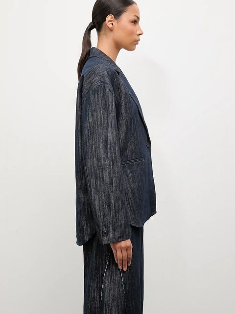 Answear.LAB marynarka jeansowa kolor granatowy jednorzędowa gładka