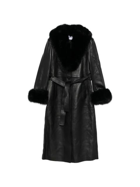 Self-Portrait faux fur-collared belted coat - Black - zdjęcie produktu nr 1