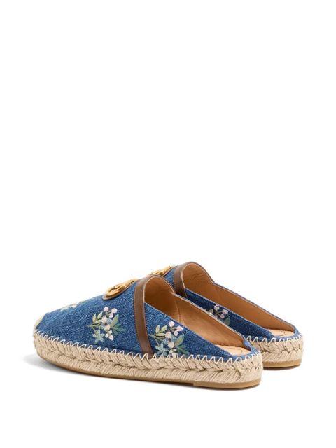 Valentino Garavani VLogo Signature mules in denim with floral embroidery 25mm - Blue