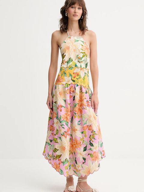 Farm Rio sukienka lniana kolor różowy midi rozkloszowana 335814 - zdjęcie produktu nr 1