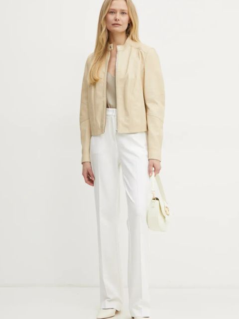 BOSS Orange kurtka skórzana damska kolor beżowy przejściowa 50522033