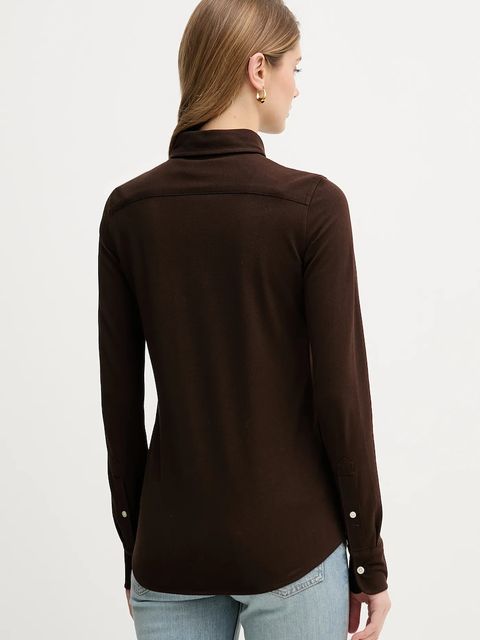 Polo Ralph Lauren koszula bawełniana damska kolor brązowy regular z kołnierzykiem klasycznym 211924258