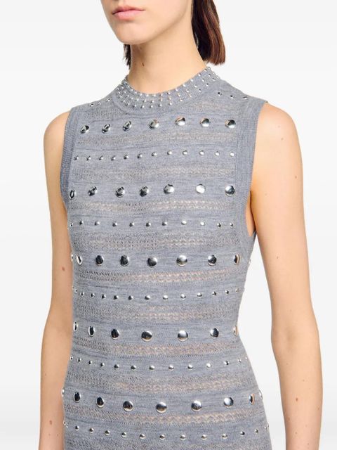 SANDRO metal-studded ruffled knitted dress - Grey
