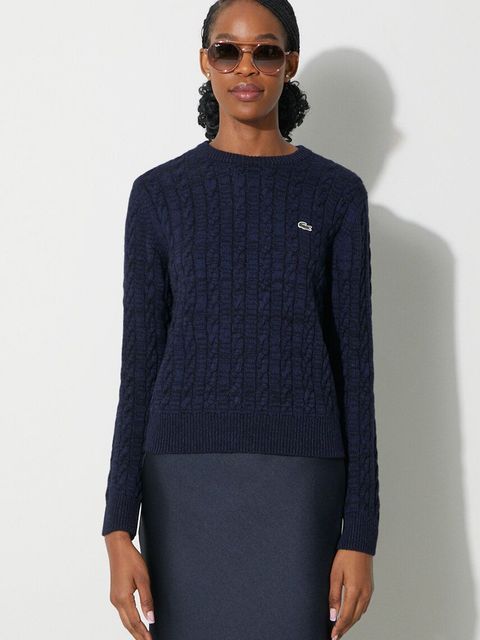 Lacoste sweter wełniany damski kolor granatowy lekki AF0633 L6L