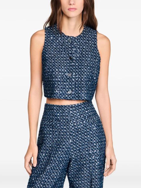 SANDRO sequin-embellished cropped waistcoat - Blue