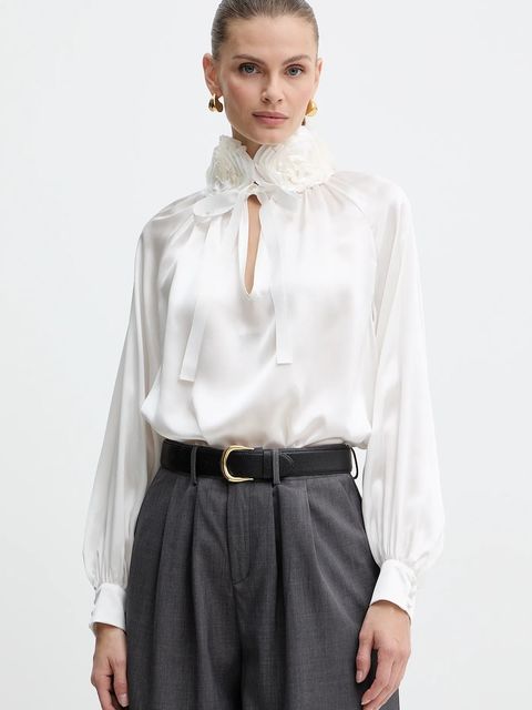 Luisa Spagnoli bluzka jedwabna damska kolor beżowy z aplikacją 542316 - zdjęcie produktu nr 1