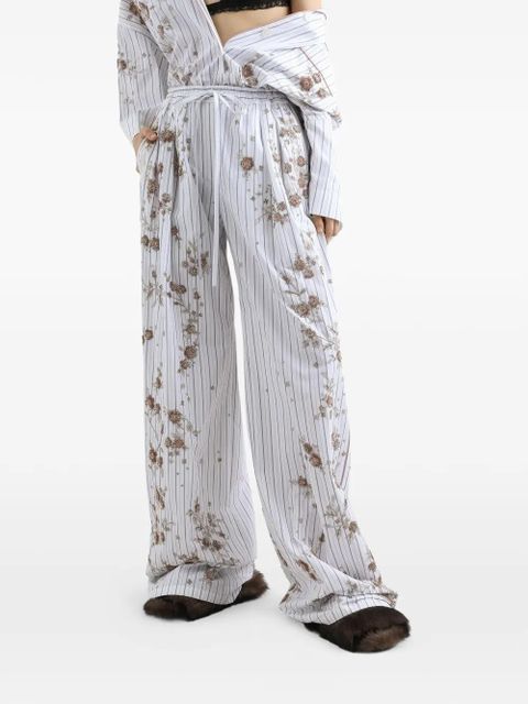 Dolce & Gabbana Poplin Trousers with Thread Floral Embroidery and Rhinestones - White