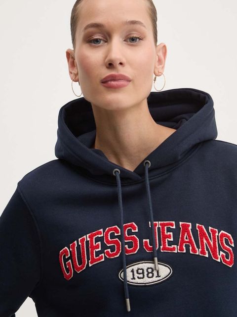 Guess Jeans bluza damska kolor granatowy z kapturem z aplikacją W4YQ09 KC811