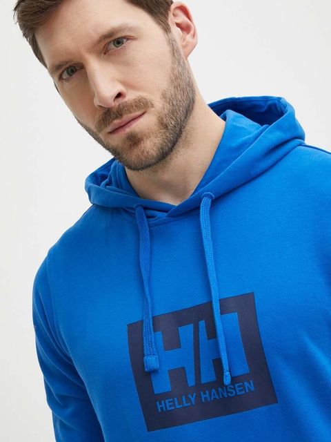 Helly Hansen bluza bawełniana kolor niebieski z kapturem z nadrukiem 53289