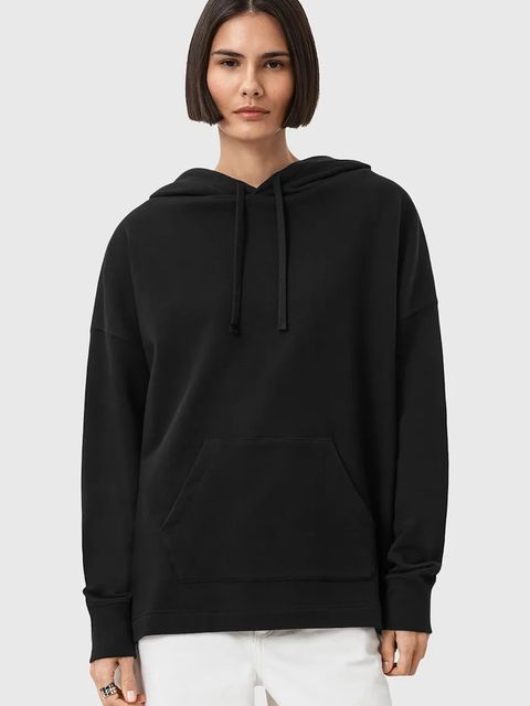 AllSaints bluza bawełniana ETTI damska kolor czarny z kapturem wzorzysta W054JD