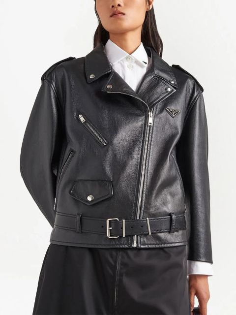 Prada triangle-plaque leather jacket - Black