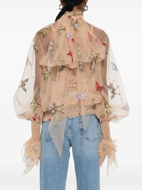 Blumarine butterfly-embroidered mesh blouse - Neutrals