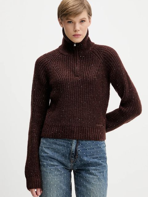 Tommy Jeans sweter z dodatkiem wełny damski kolor brązowy ciepły z golfem DW0DW21686 - zdjęcie produktu nr 1