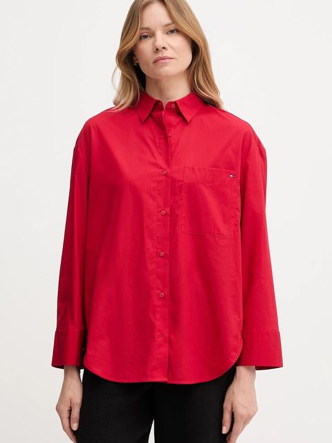Tommy Hilfiger koszula bawełniana damska kolor czerwony relaxed z kołnierzykiem klasycznym WW0WW45892 - zdjęcie produktu nr 1