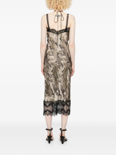 PINKO Rabbocco camouflage-print lace-trim midi dress - Green