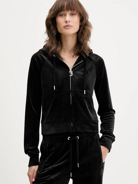 Juicy Couture bluza welurowa damska kolor czarny z kapturem gładka JCWAS225306 - zdjęcie produktu nr 1