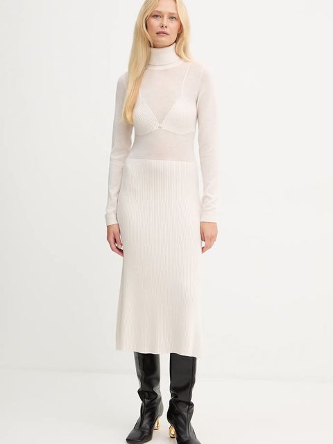 Elisabetta Franchi sukienka z dodatkiem wełny kolor beżowy midi rozkloszowana AM30S57E2 - zdjęcie produktu nr 1