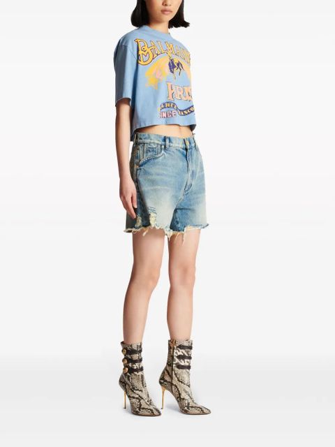 Balmain mid-rise frayed denim shorts - Blue
