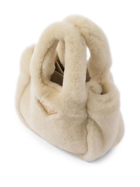 Prada mini triangle-logo shearling tote bag - Neutrals