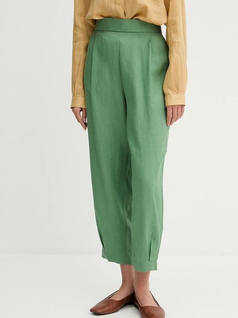 United Colors of Benetton spodnie lniane damskie kolor zielony szerokie high waist 4AGHDF08L