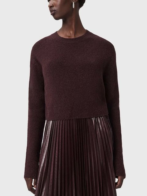 AllSaints sukienka i sweter kolor brązowy midi rozkloszowana W328DB