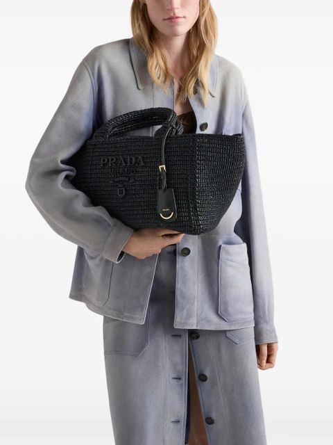 Prada large crochet tote bag with leather details - Black