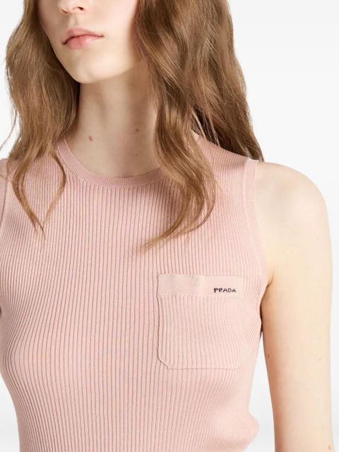 Prada ribbed patch-pocket silk top - Pink