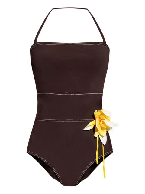 Tory Burch halterneck floral-appliqué swimsuit - Brown